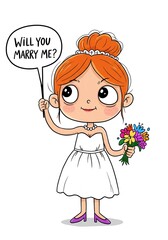 AI Generated Cartoon Bride Holding Bouquet and Speech Bubble Asking Will You Marry Me
