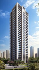 A sleek, modern skyscraper towers against a clear blue sky, its glass facade reflecting sunlight. Surrounding it are bustling streets filled with pedestrians and cars, creating a vibrant urban scene.