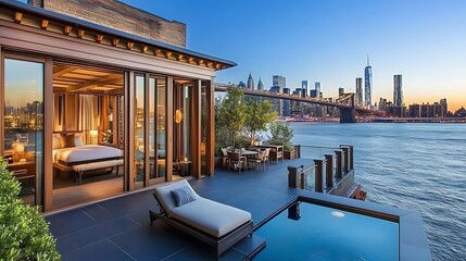 Fototapeta premium A Luxurious Suite Offers Beautiful Views of a City Skyline