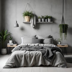 Serene Grey Bedroom Interior with Plants