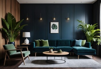 Luxurious Teal Velvet Sectional Sofa in Modern Living Room Interior