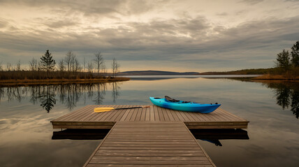 Fototapeta premium Tranquil lake scene kayak on a dock serene autumnal colors