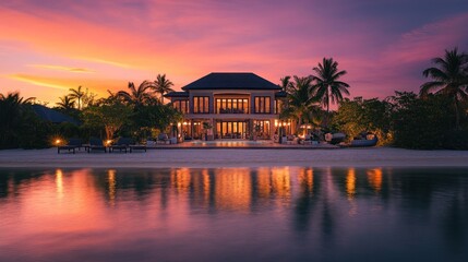 Fototapeta premium Idyllic tropical beach villa at sunset showcasing luxury and tranquility