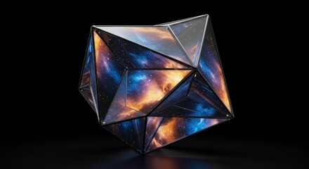 Abstract Geometric Crystal Structure with Nebula Galaxy Image Inside 3D Render