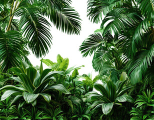lush green leaves of tropical plants on white background.
