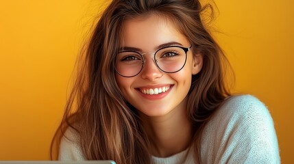 Fototapeta premium A woman with long brown hair and glasses is smiling. She is wearing a white sweater and is sitting on a yellow surface
