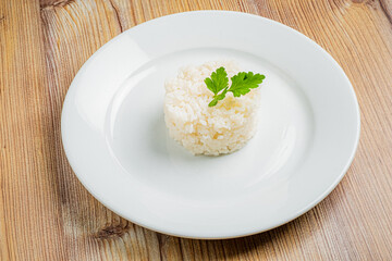 A pristine mound of rice topped with a vibrant green herb rests elegantly on a plain white plate