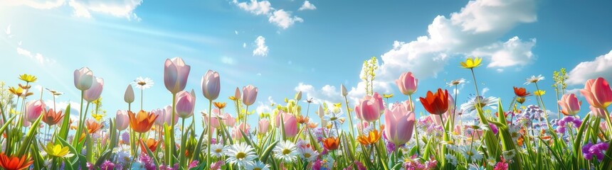 Fototapeta premium beautiful spring meadow with colorful tulips and daisies