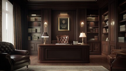 Luxurious dark wood study room with leather furniture