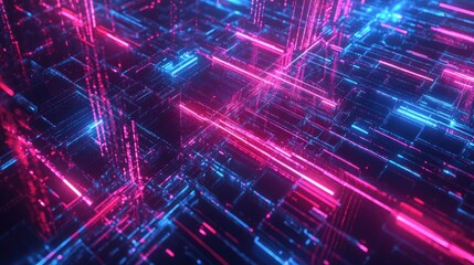 Obraz premium Abstract Digital Background with Neon Lights and Grid Structures in Pink and Blue Colors for Futuristic Designs