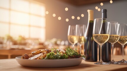 Elegant dinner party table featuring a beautifully arranged plate of food and glass of wine with thematic decor