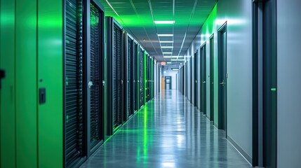 Fototapeta premium Modern data center corridor with green lighting effects