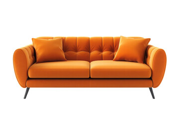 A vibrant orange sofa with two matching pillows against a black studio background displayi ng style