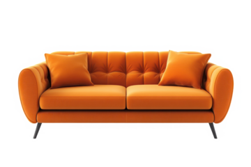 A vibrant orange sofa with two matching pillows against a black studio background displayi ng style