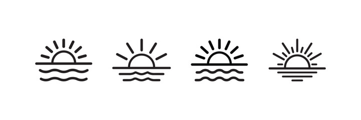 Minimalist Sunset and Sunrise Line Icons Set Over Water Vector Illustration
