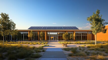 A contemporary school structure featuring a spacious entrance, solar panels on the roof, and landscaped grounds, beneath a clear and bright blue sky.  