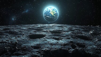 Lunar surface with deep craters and earth high resolution image