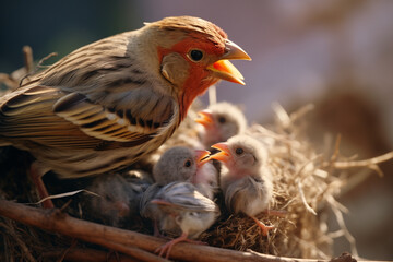 Obraz premium A close-up of a finch feeding its chicks