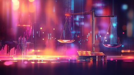 Abstract digital scales of justice, city background, financial data. Possible use Stock photo for legal, business, technology concepts