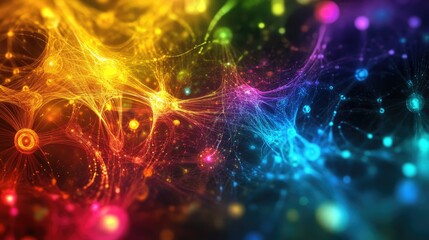 Obraz premium Abstract Colorful Background with Light Trails and Particle Effects in Tones of Red, Yellow, Blue, Green, and Purple