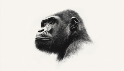 Intense gorilla portrait, isolated with blurred white backdrop. Animal stock use