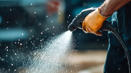 Close up of worker using power washer to spray water with focused hand grip on the equipment