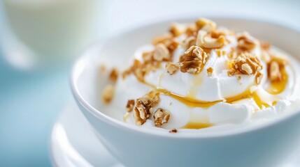 Bowl of Greek yogurt drizzled with golden honey and sprinkled with chopped walnuts elegantly presented on a white plate against a light blue background