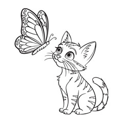 Fototapeta premium Cute black cat sitting with a butterfly in a fun cartoon vector illustration