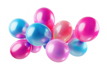 A cluster of colorful balloons in shades of pink and blue floating against a white background