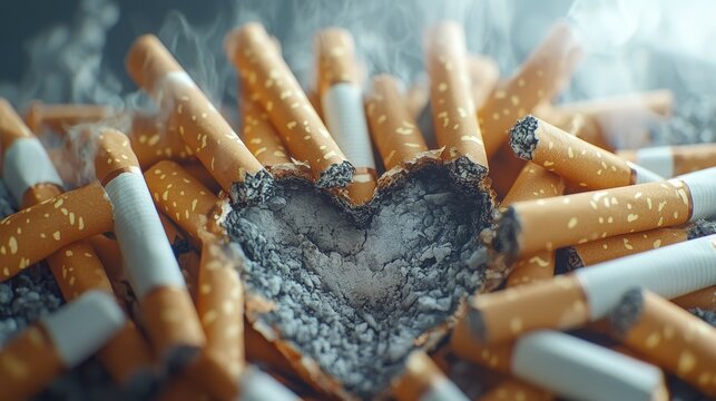 Handpainted Cigarettes Surrounding Broken Heart Depicting Health Hazards of Smoking