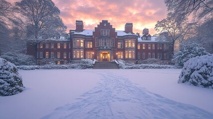 A grand historic school building with snow-covered steps and icy window panes, nestled in a serene urban neighborhood under the soft hues of a winter evening. 