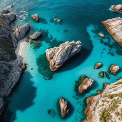 Aerial View of Turquoise Cove with Rocky Coastline