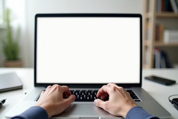 Modern workspace scene with a laptop and blank display in a natural light setting.