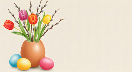 Obraz premium Easter bouquet in egg with colorful eggs on light background 