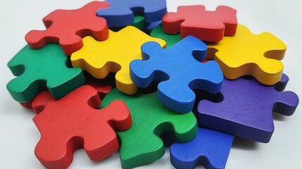 Obraz premium Scattered Wooden Puzzle Pieces on White Background