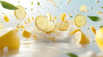 Golden lemon slices fall like raindrops from a pastel sky creating a zesty vibe. Generative AI