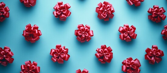 Red synthetic plastic bows scattered chaotically on soft blue surface in minimalistic modern setting
