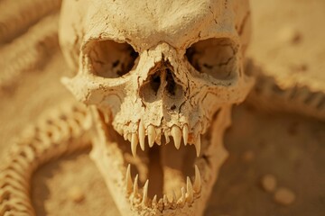 Obraz premium Skull and spine in desert sand, symbolic image for day of the dead ritual