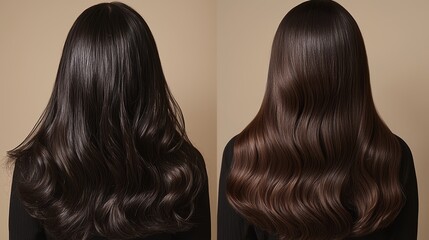 Fototapeta premium Woman with Curly Dark Hair Transformed into Sleek Straight Hair Using Blowout and Serum