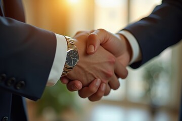 Close-up of a business handshake with a gold wristwatch in focus.
