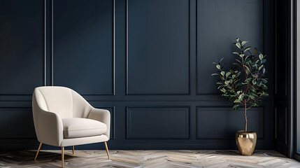 stylish modern living room interior with armchair against dark blue wall copy space home decor