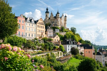 Obraz premium Castle atop hill overlooking colorful town with flowers. Tourism poster use