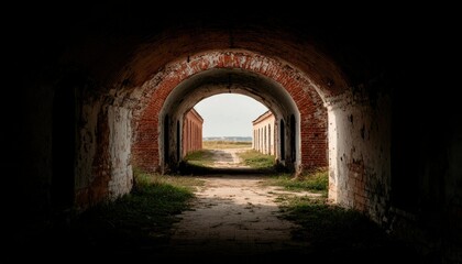 Fortress tunnel view with distant water and grass on each side, travel background