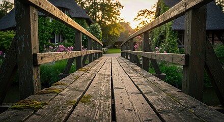 Strolling across a rustic bridge at sunset in a serene garden