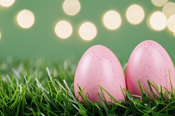 Fototapeta premium Bright decorative easter eggs glowing on fresh green grass under warm ambient lighting during dusk with bokeh lights evoking festive holiday charm