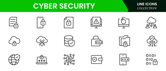 Cyber security icon set with information, technology, data network, malware, virus, unauthorized access and protected.