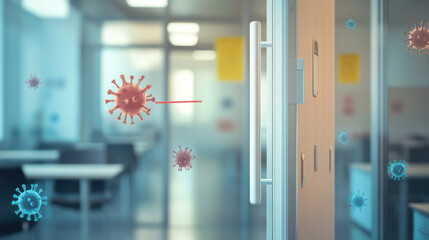 Conceptual representation of viruses near a glass door, illustrating the spread of germs in a modern office environment with workspace and health safety concerns.
