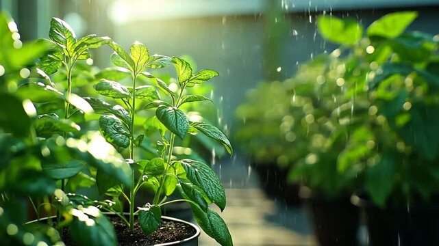 Lush Green Basil Plants Growing in Greenhouse