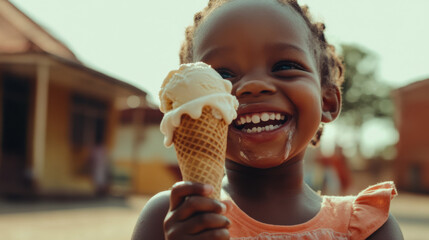 Joyful child enjoying a creamy ice cream cone on a warm sunny day, radiating happiness with a big smile and messy face in an outdoor setting, capturing pure delight and innocence.
