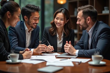 Team discussing paperwork and pointing at documents during a meeting.